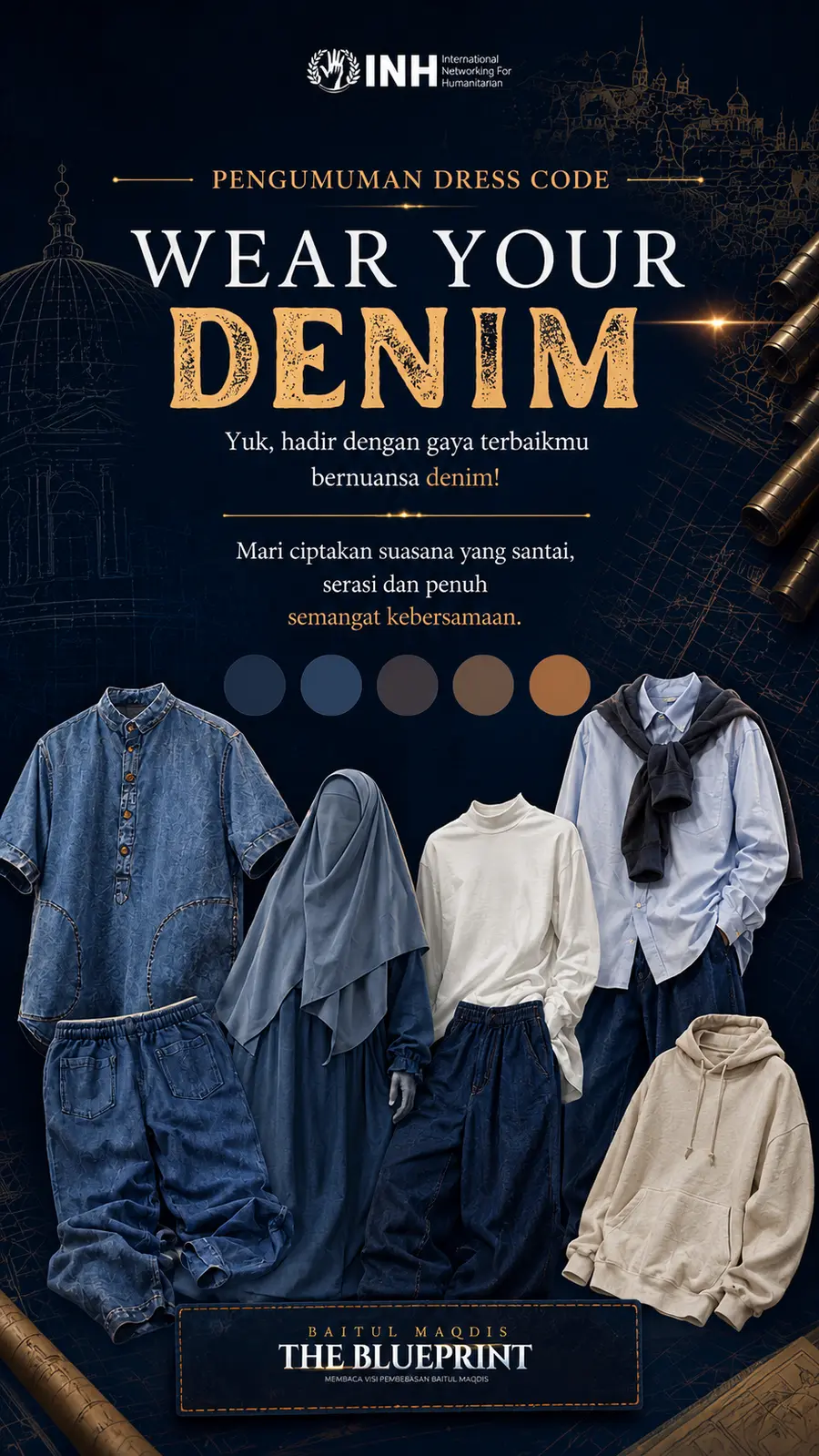 Panduan dress code Wear Your Denim: padanan busana bernuansa denim biru, putih, dan krem untuk ikhwan dan akhwat